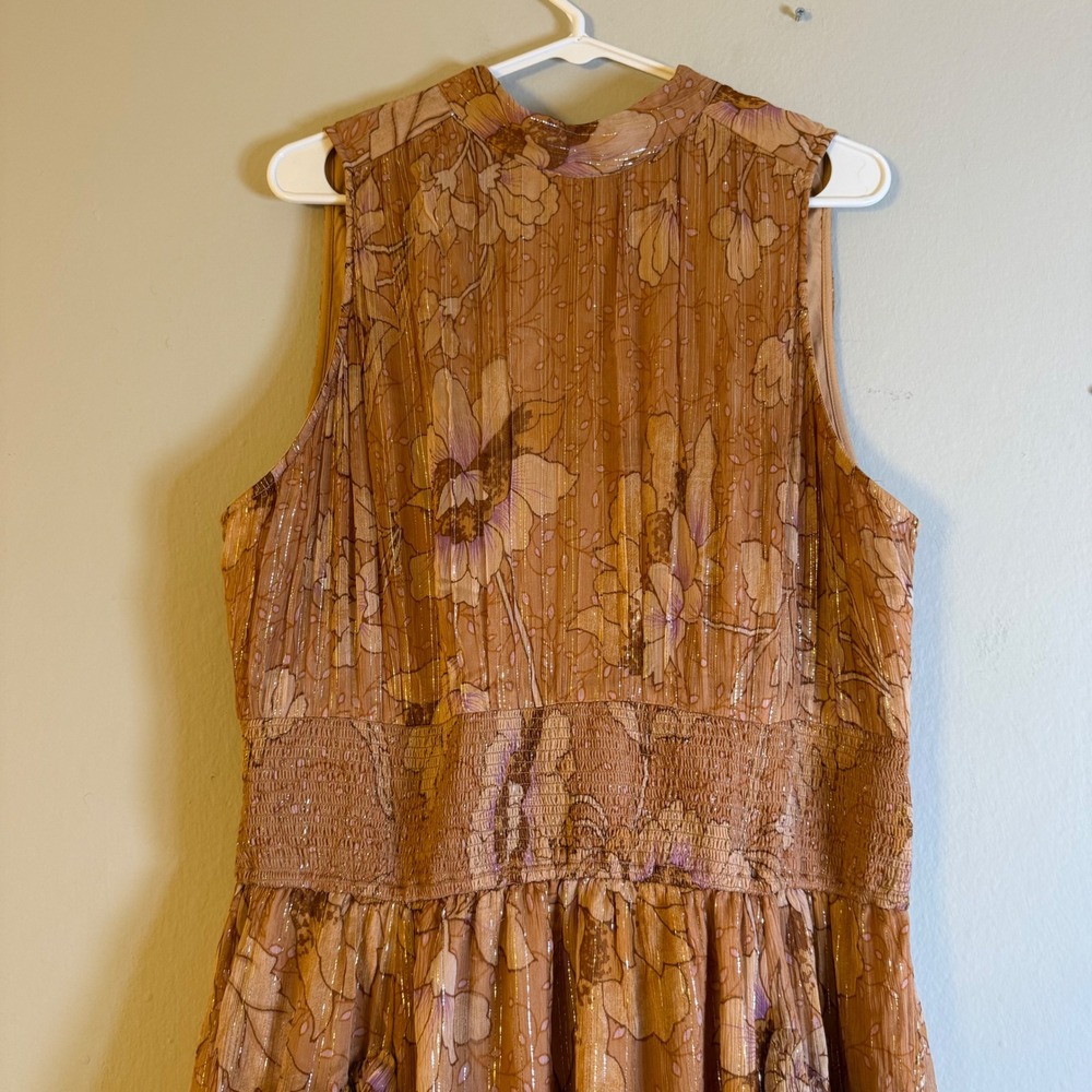 BHLDN Bronze High Neck Floral Metallic Maxi Dress XL Open Back Smocked Waist - Picture 2 of 6